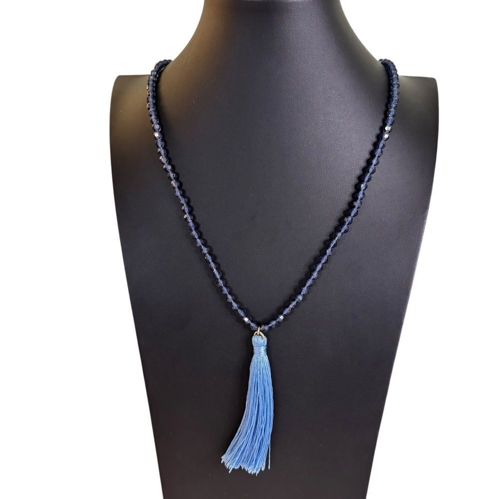 J. Crew Navy Beaded Necklace with Light Blue Tassel